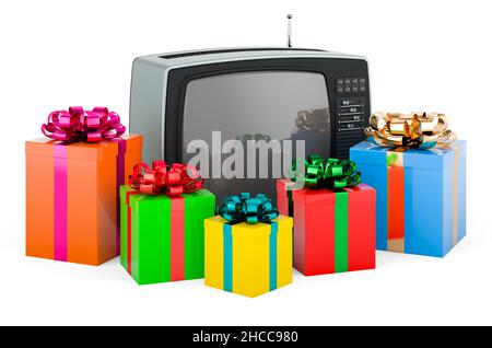 Set TV con scatole regalo, 3D rendering isolato su backgrou bianco Foto Stock