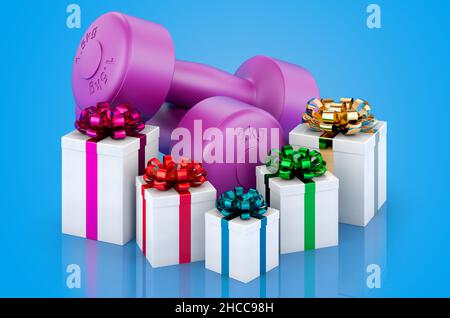 Dumbbells con regali, 3D rendering isolato su sfondo blu Foto Stock