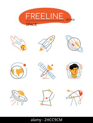 Spazio - icone moderne di stile di linea impostate in arancione. Esplorazione extraterrestre, asteroide, razzo, pianeta, galassia, astronauta, piatto volante, Illustrazione Vettoriale