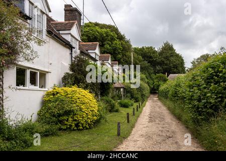 Cottages stand su Cuckoo Lane a più alto Bockhampton sul bordo della foresta Puddletown nel Dorset. Foto Stock