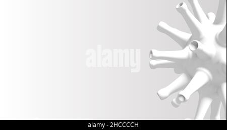 Primo piano della particella bianca di virus covid su sfondo pulito con spazio di copia. 3d illustrazione. Foto Stock