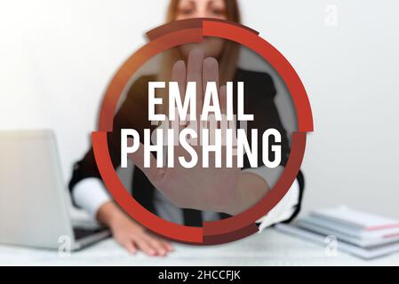 Segno di testo che mostra il phishing via e-mail. E-mail di approccio aziendale che possono collegarsi a siti Web che distribuiscono l'Assistente malware che offre istruzioni e. Foto Stock