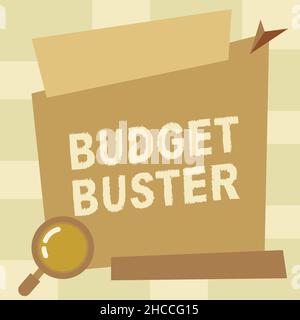 Testo della scrittura Budget Buster. Concetto che significa Carefree spesa affari acquisti inutili overspending Magnifying Glass Drawing Searching Foto Stock