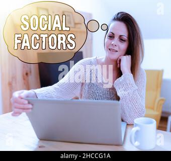 Didascalia di testo che presenta fattori sociali. Internet Concept cose che influenzano lo stile di vita differenze culturali navigare e chattare nei social media Foto Stock