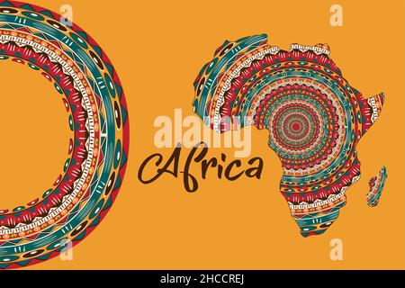 Africa mappa modellata. Banner con tradizionale grunge tribale motivo africano, elementi, concept design. Vettore isolato su sfondo arancione Illustrazione Vettoriale