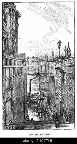 Incisione della città che incorona il London Bridge, una scena di un libro di epoca vittoriana di Charles Dickens, pubblicato intorno al 1908 Foto Stock