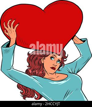 Una donna porta un grande cuore rosso valentino nelle sue braccia. Amore e romanticismo Illustrazione Vettoriale