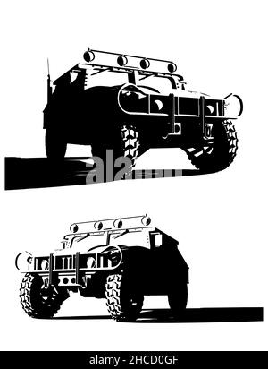 Illustrazione vettoriale stilizzata di un modello di veicolo fuoristrada militare Illustrazione Vettoriale