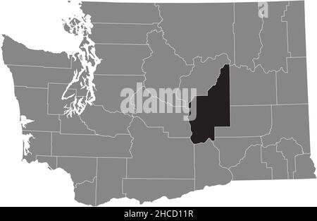 Mappa della località evidenziata in nero della contea di Grant all'interno della mappa amministrativa grigia dello stato federale di Washington, USA Illustrazione Vettoriale