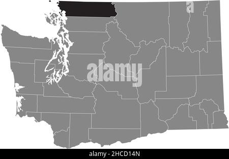 Mappa della località evidenziata in nero della contea di Whatcom all'interno della mappa amministrativa grigia dello stato federale di Washington, USA Illustrazione Vettoriale