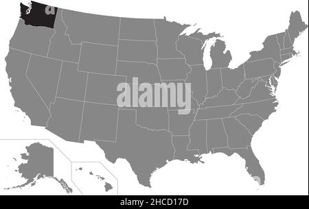 Nero evidenziato posizione mappa amministrativa dello Stato federale degli Stati Uniti di Washington all'interno mappa grigia degli Stati Uniti d'America Illustrazione Vettoriale