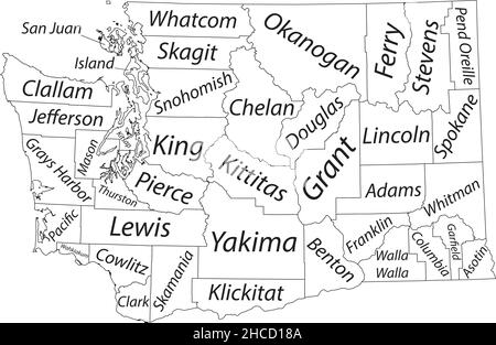 Mappa amministrativa vettoriale bianca dello Stato federale di Washington, Stati Uniti d'America con confini neri e etichette dei nomi delle sue contee Illustrazione Vettoriale