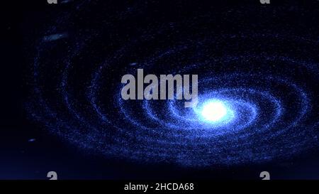 Astratto blu incandescente galassia spirale rotante su sfondo nero, loop senza cuciture. Stelle brillanti che girano attorno alla sfera della luce al neon. Foto Stock