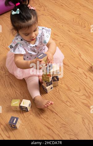 bambina di 17 mesi che fa torre di blocchi di legno Foto Stock