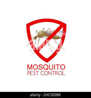 Segno del vettore della zanzara con insetto o gnat di controllo della peste. Stop e anti zanzara rosso avvertimento simbolo di insetto peste con ali e gambe lunghe, controllo peste Illustrazione Vettoriale