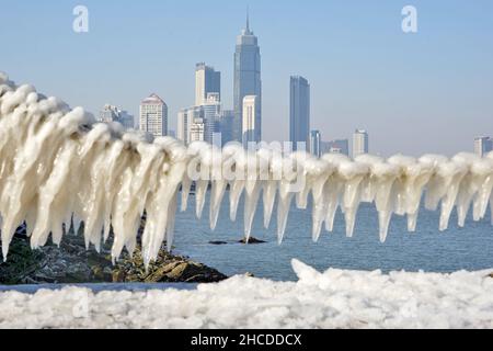 YANTAI, CINA - 27 DICEMBRE 2021 - il ghiaccio marino si forma sulla catena di una recinzione marittima a Yantai, provincia di Shandong, Cina, 27 dicembre 2021. Foto Stock