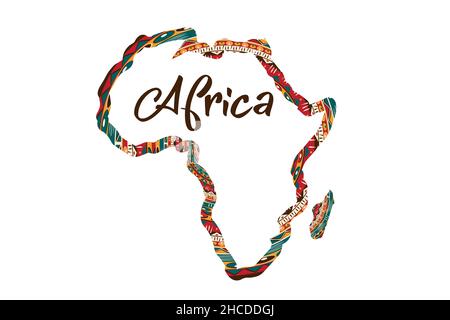 Silhouette della mappa con motivi in Africa. Banner con tradizionale grunge tribale motivo africano, elementi, concept design. Vettore isolato su sfondo bianco Illustrazione Vettoriale