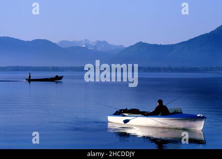 Pesca al mattino presto sul lago Chiemsee, Chiemgau, alta Baviera, Germania Foto Stock
