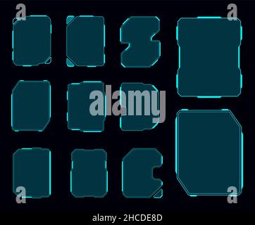 Display HUD futuristico e fotogrammi dello schermo, interfaccia ui caselle informazioni. Titoli di didascalie, barre di chiamata di informazioni in stile digitale moderno tecnologia colore neon Illustrazione Vettoriale