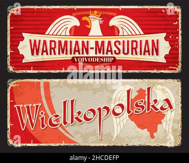 Wielkopolska e Warmian Masurian Polish voivodato piastre e adesivi da viaggio. Vector vintage banner con mappa polacca, aquila araldica in corona, shie Illustrazione Vettoriale
