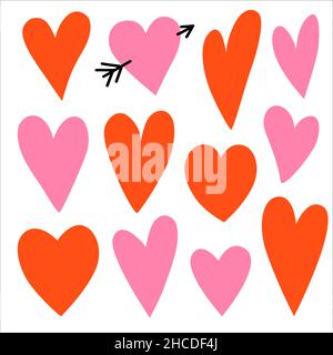 Set di semplici forme di cuore rosso a mano libera. Elementi di disegno vettoriale disegnati a mano. Illustrazione Vettoriale