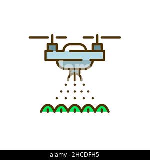 Drone spruzza acqua su raccolti. Moderna tecnologia automatizzata per l'agricoltura intelligente. Pixel Perfect, icona a colori con tratto modificabile Illustrazione Vettoriale