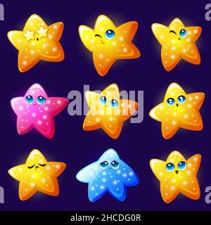 Cute star emoji, emoticon oro lucido isolato su sfondo blu. Set di cartoni animati vettoriali di carattere divertente star con sorriso felice, triste, eccitato, assonnato e confuso Illustrazione Vettoriale