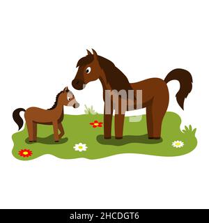 Carino illustrazione di cartoni animati di mamma e bambini, cavallo animale fattoria e il nemico. Vettore isolato su sfondo bianco Illustrazione Vettoriale