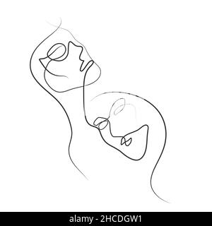 Due donne disegnano una linea continua. Facce stilizzate di ragazze. Portret minimale contemporaneo. Profilo delle teste femmina. Illustrazione vettoriale Illustrazione Vettoriale