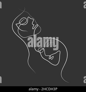 Due donne disegnano una linea continua. Facce stilizzate di ragazze. Portret minimale contemporaneo. Profilo delle teste femmina. Illustrazione vettoriale Illustrazione Vettoriale