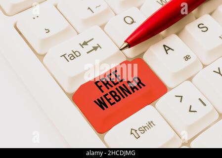Scrivere visualizzazione di testo Webinar libero. Seminario di Business idea Lecture Workshop che viene trasmesso sul Web trascrivendo Internet Meeting Audio Foto Stock