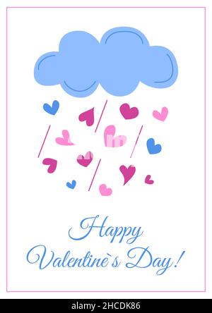 Buon San Valentino biglietto d'auguri isolato. Ama la nube carina e i cuori piovono. Colori rosa e blu. Illustrazione piatta vettoriale. Illustrazione Vettoriale