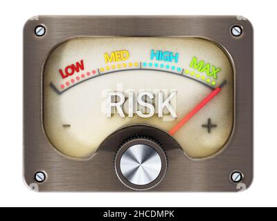 Misuratore di rischio vintage che punta il massimo rischio isolato su sfondo bianco. 3D illustrazione. Foto Stock