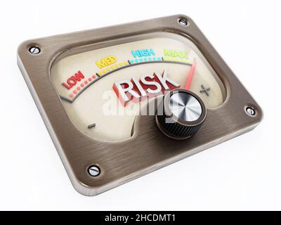 Misuratore di rischio vintage che punta il massimo rischio isolato su sfondo bianco. 3D illustrazione. Foto Stock