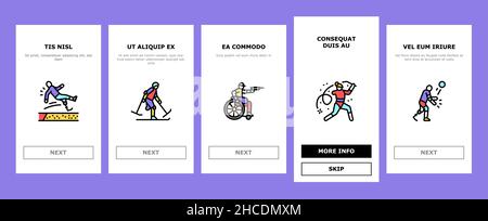 Atleta Sport gioco Onboarding icone set Vector Illustrazione Vettoriale