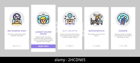 Insonnia persona problema cronico Onboarding icone set vettore Illustrazione Vettoriale
