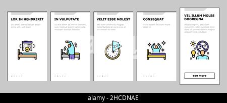 Insonnia persona problema cronico Onboarding icone set vettore Illustrazione Vettoriale