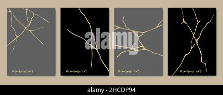 Modello Kintsugi art style. A4 poster di design Abstract motivo di texture crack dorato su sfondo nero. Artigianato tradizionale giapponese d'epoca Oro Illustrazione Vettoriale