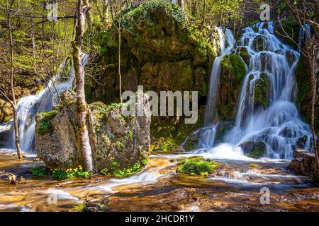 Cascata Beusnita 2, una delle tante cascate incontrate durante il trekking nel Parco Nazionale di Cheile Nerei-Beusnita. Foto scattata il 24th di Aprile 2021 CH Foto Stock