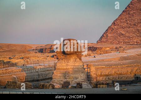 La grande Sfinge di Giza vista all'ora d'oro dell'alba. Foto scattata il 21st giugno 2021, sull'altopiano di Giza, il Cairo, Egitto. Foto Stock