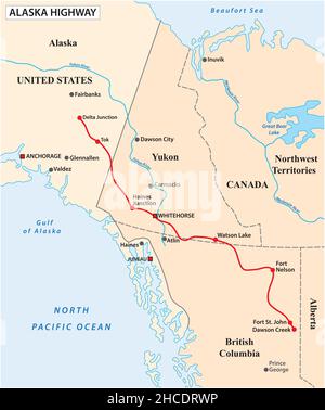 mappa vettoriale dell'autostrada dell'alaska, stati uniti, canada Illustrazione Vettoriale