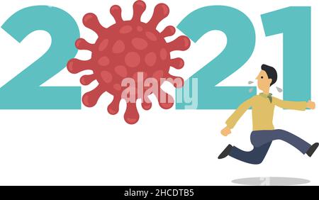 2021 concetto di stile di vita del virus con l'uomo scappare. L'effetto del virus nel mondo. Cartoon di illustrazione vettoriale piatta. Illustrazione Vettoriale