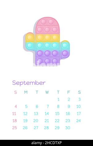 Pop IT pastello settembre per il calendario 2022 con giocattoli fidget figure. Illustrazione vettoriale in stile popit come giocattolo in silicone alla moda per i fedgets. Stampa Illustrazione Vettoriale