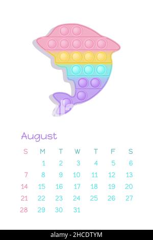 Pop IT pastello agosto per il calendario 2022 con giocattoli fidget figure. Illustrazione vettoriale in stile popit come giocattolo in silicone alla moda per i fedgets. Stampabile Illustrazione Vettoriale