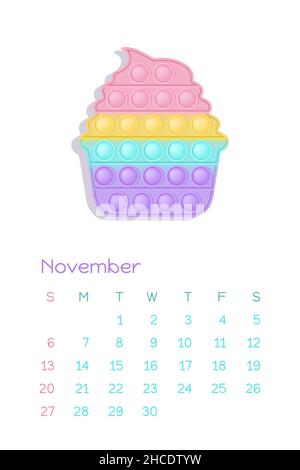 Pop IT pastello novembre per il calendario 2022 con giocattoli fidget figure. Illustrazione vettoriale in stile popit come giocattolo in silicone alla moda per i fedgets. Printab Illustrazione Vettoriale