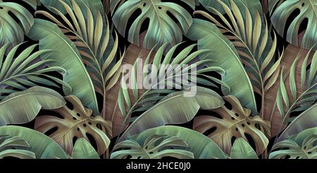 Motivo tropicale senza giunture con bella palma, foglie di banana, monstera. Illustrazione del 3D disegnata a mano. Glamour esotico sfondo astratto. Foto Stock