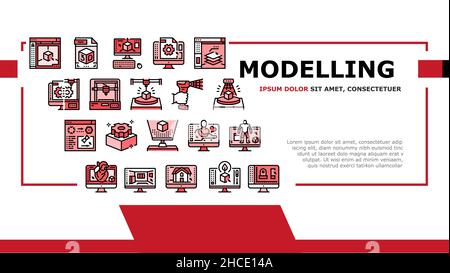 3D modellazione di software e dispositivo Landing Header Vector Illustrazione Vettoriale