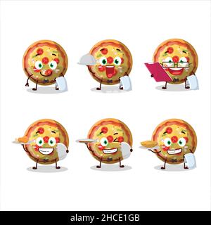 felice pizza gummy caramella cameriere personaggio cartone animato tenendo un piatto. Illustrazione vettoriale Illustrazione Vettoriale