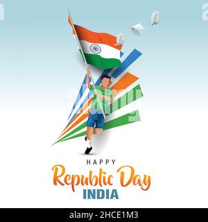 Happy republic day India. Disegno di illustrazione vettoriale dell'uomo indiano con bandiera. Poster, banner, disegno di modello Illustrazione Vettoriale