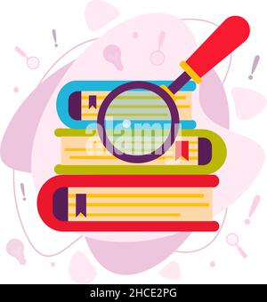 Una pila di libri colorati con una lente d'ingrandimento. Illustrazione Vettoriale
